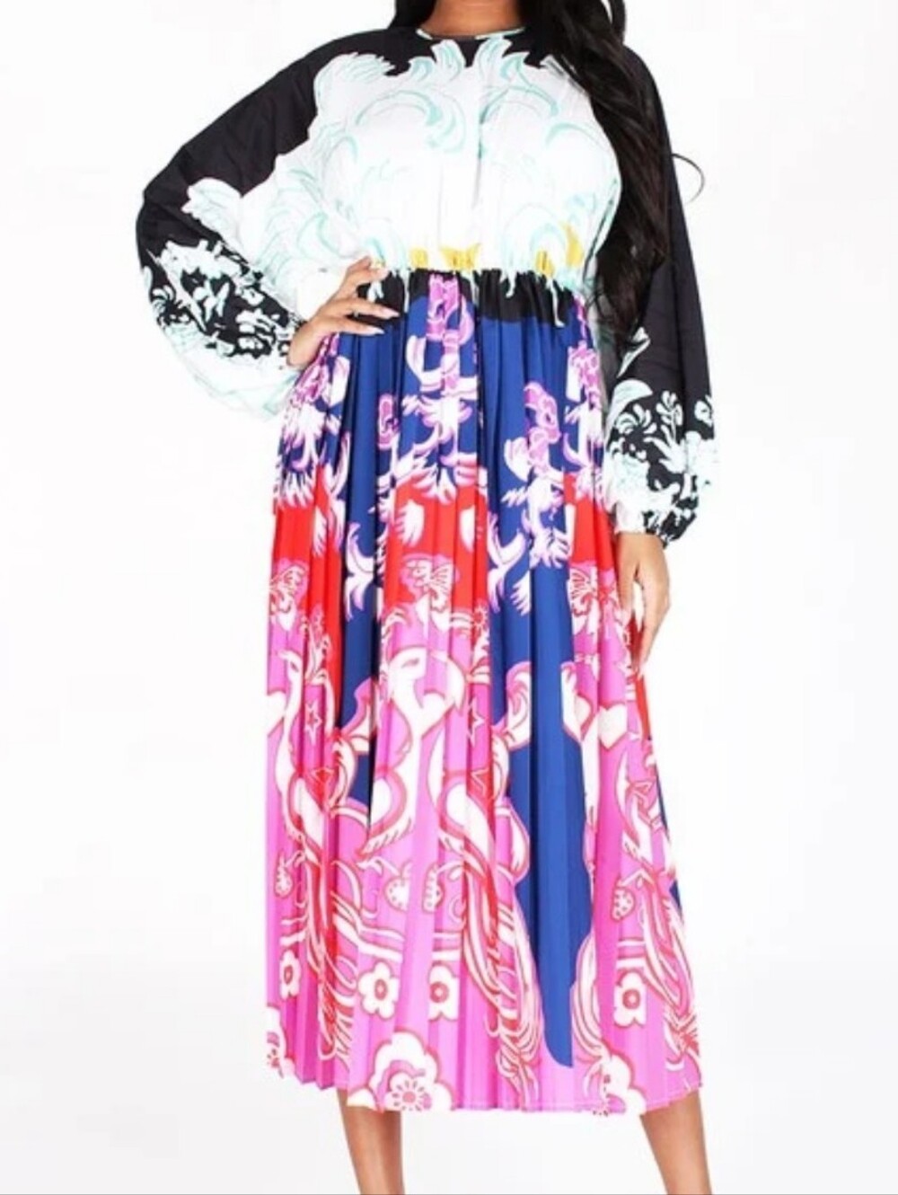 Nuuts Women's Multi-Color Pleated Bishop Sleeve  Floral Maxi Dress Formal/Casual